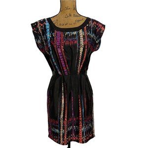 Fishbowl‎ Dress M Black Multicolor Print Short Dolman Sl Steen Lightweight Belt